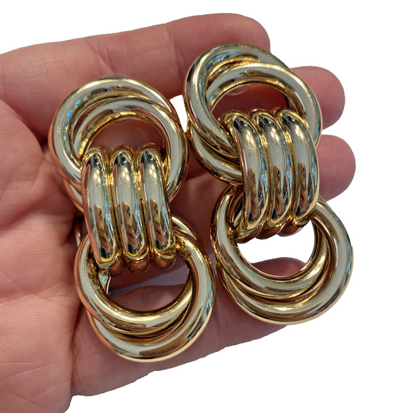 Vintage 1980’s Pierced Earrings Statement Runway Gold Chunky Tubular Chains - Picture 6 of 10